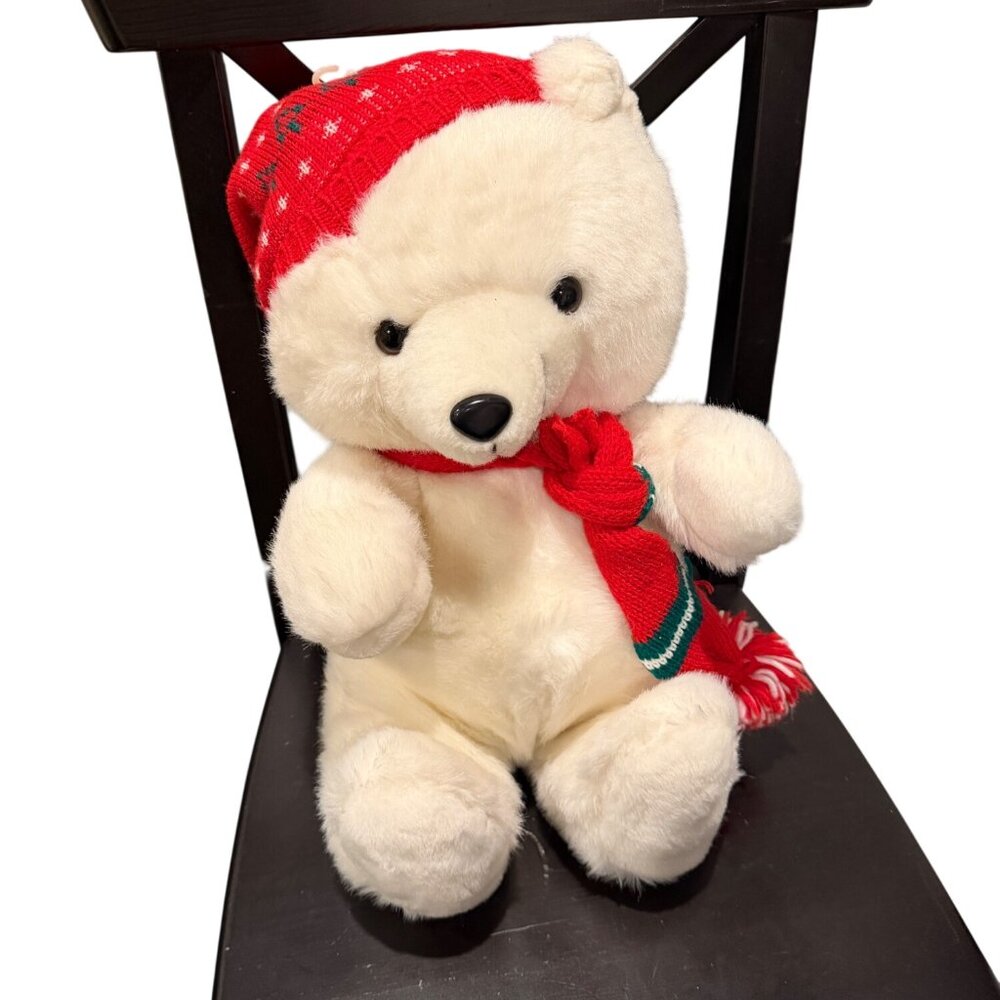 Vintage 1986 Kmart Christmas Plush White Bear With Red Hat & Scarf Holiday Decor